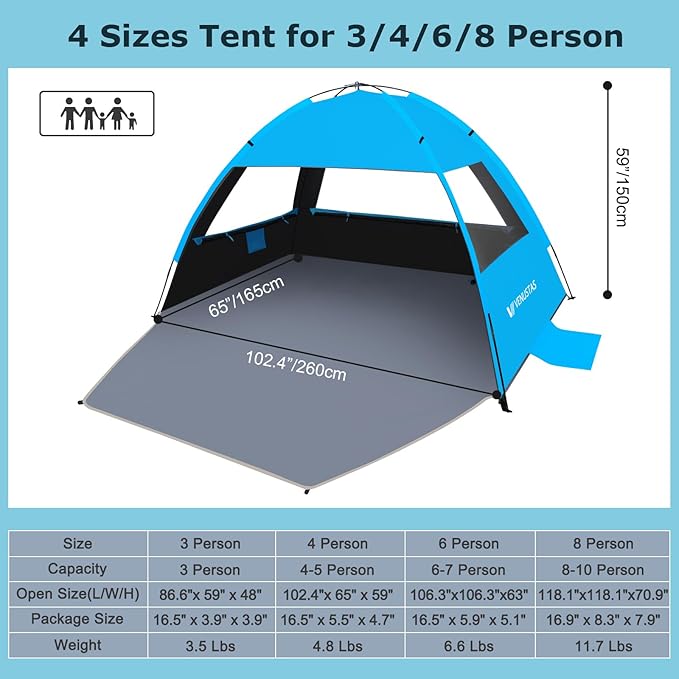 Venustas Beach Tent Sun Shelter for 3/4-5/6-7/8-10 Person, UPF 50+ UV Protection Beach Canopy, Lightweight and Easy Setup Cabana, Portable Shade Tent