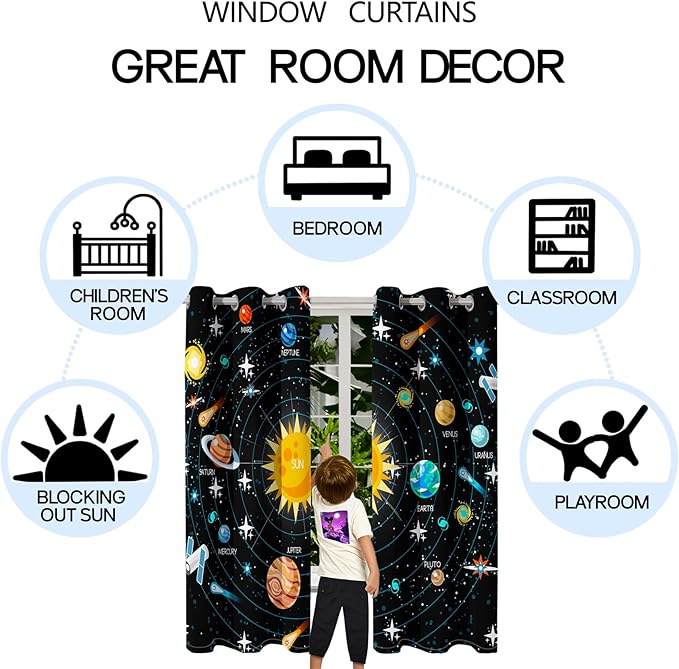 Solar System Curtain Panels - 2Pcs 82" x 63" 95% Blackout Outer Space Curtains for Boys Bedroom Grommet Room Darkening Galaxy Planets Themed Curtains for Living Room