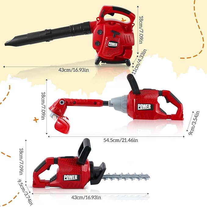 3 Pcs Toy Gardening Tool Set for Kids Toy Leaf Blower Weed Trimmer Hedge Trimmer Pretend Play Set with Lights and Sounds Birthday for Boys Girls