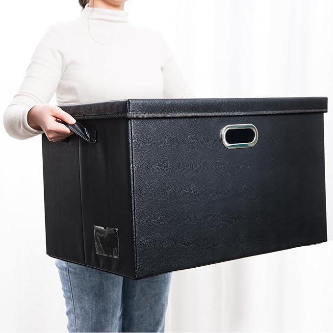 PRANDOM Extra Stackable Storage Bins with Lids [3-Pack] Leather Fabric Foldable Storage Boxes Organizer Containers Baskets Cube with Cover for Bedroom Closet Office Nursery Black (22.8x15.7x13.8)