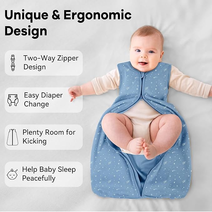 Baby Sleep Sack 18-24 Months 3 Pack 100% Cotton Lightweight 0.5 TOG Wearable Blanket Baby Sleep Bag with 2-Way Zipper for Infant Toddler Blue