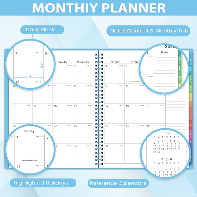 Monthly Planner 2025-2026 - JUL 2025 - DEC 2026 Planner/Calendar, 18 Monthly, with Colorful Tabs, Planner for Daily Organizing - Waterproof Cover (8" x10", Notes Pages, Light Blue)