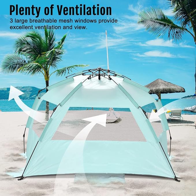 WhiteFang Deluxe Pop Up Beach Tent Sun Shade Shelter for 3-4/5-6 Person, UV Protection, Extendable Floor with 3 Ventilating Windows Plus Carrying Bag, Stakes, and Guy Lines
