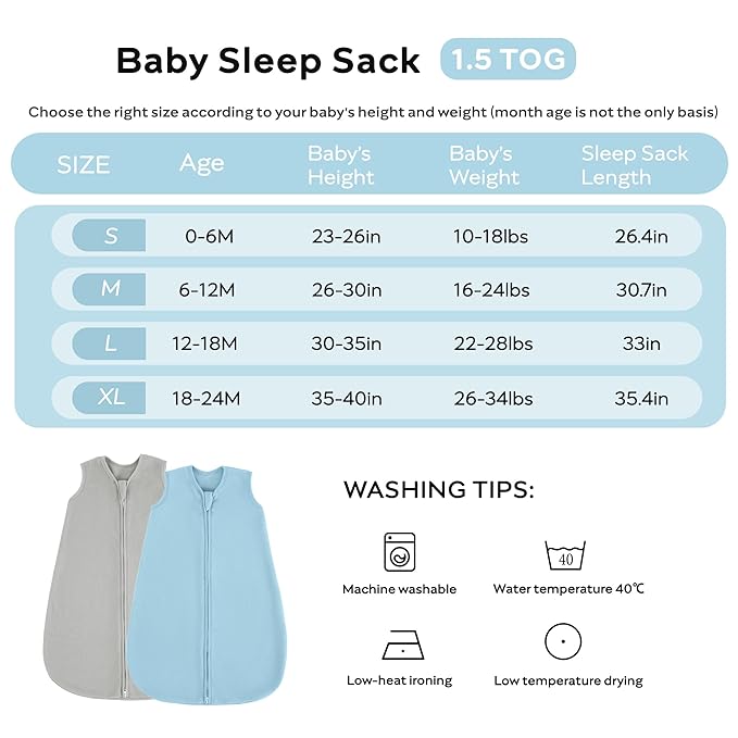 JELLYMONI Fleece Baby Sleep Sack 0-6 Months, 2 Pack 1.5 TOG Baby Wearable Blanket Winter Infant Sleep Sack with 2-Way Zipper, Warm Toddler Sleep Sack