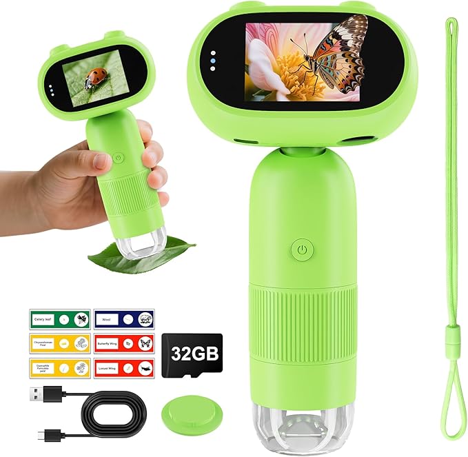 Microscope for Kids, Aurosports Kids Microscope Handheld, 1000X Pocket Miniscope Portable with Photo & Video - 2 Inch HD IPS Screen 32GB Digital Microscopes for Boys Girls Gifts