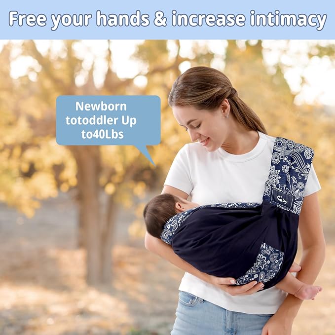 CUBY Wrap Baby Sling Carrier, Baby Wraps Sling Carrier Adjustable Breathable Lightweight Easy to Wearing - Baby Slings for Newborn Infant Toddler Front & Hip Carry Up to 40lbs (Dark Blue Floral)