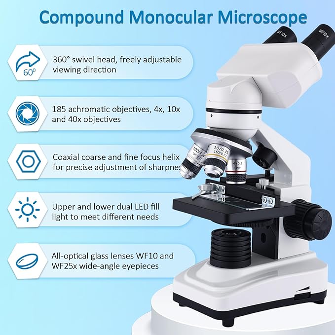 Microscope Magnification 40X-2500X WF10x and WF25x Eyepieces, Dual LED Illumination, Adult Microscope for Schools Home Labs Educational Use