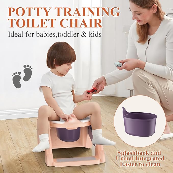Potty Training Seat, Toddler Toilet Seat for Little Boys Girls, Potty Training Toilet with Urinals, Toddler Step Stool Ladder and Splash Guard (Pink)