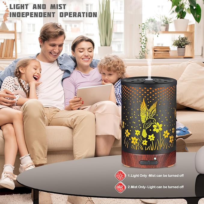 Essential Oils Diffuser,Aromatherapy Diffuser,Birthday Gifts for Women Mom Grandma,Metal Cool Mist Humidifier with 7 Colors Lights Waterless Auto Off Air Diffusers (C-Hummingbirds)