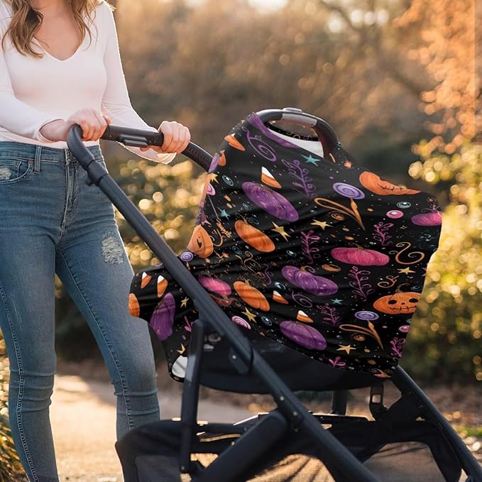 Binienty Infant Carseat Canopy, Cute Halloween Pumpkin Nursing Cover Soft Breathable Baby Car Seat Covers, Gifts for Mom Lover Wife