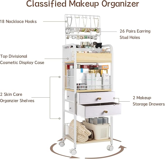 YGJT Makeup Organizer, Floor Skincare Cosmetics Organizer with Drawers, Jewelry Organizers and Storage for Earring Necklace, Vanity Organizer for Skin Care Perfume Makeup Brush Nail Polish Hair Tool