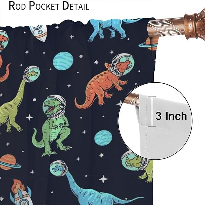 Cartoon Dinosaur Curtains for Kids Boys Girls Home Decor, Astronaut Rocket Funny Outer Space Blackout Rod Pocket Window Drapes for Bedroom Living Room W31.5xL63in 2 Panels