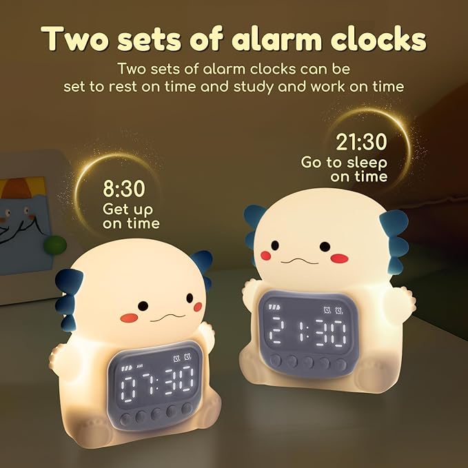 Axolotl Alarm Clock with Night Light for Kids, 7 RGB Color Cute Alarm Clocks for Bedrooms Ok to Wake Clocks, Silicone Animal Tabletop Lamp for Teen Girls Boys, White
