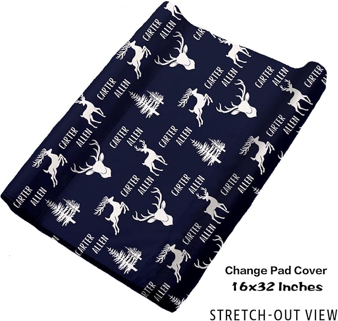 Personalized Baby Crib Bedding Set, 5-Piece Navy Deer Design Baby Crib Sets with Custom Name, Toddler Double Layer Blanket Fitted Sheets Changing Pad Cover Rug Wall Art Set, Charming Nursery Decor