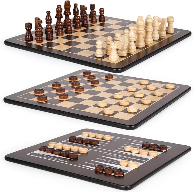 3-in-1 Wooden Chess, Backgammon Set and Checkers Set- 12 Inch Portable Board Game for Kids and Adults, Classic Strategy Game with Durable Chess Pieces Perfect for Travel Family Game Educational Games