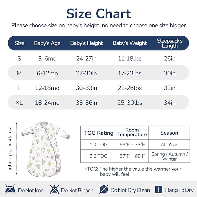 Baby Sleep Sack 6-12 Months, Cotton Detachable Long Sleeve Sleep Sack, 1.0 Tog Toddler Sleeping Sack with Temperature Strips, 2-Way Zipper Wearable Blankets for Newborns, Hot Air Balloon
