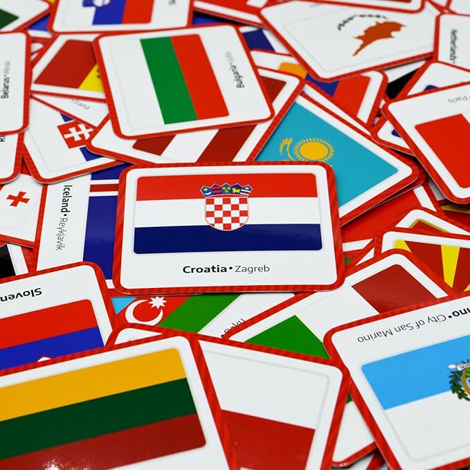 Menique Flags of Europe Memory Matching Game – 100 Cards (50 Pairs) with Flag, Country & Capital – Educational Geography Game for Kids and Adults