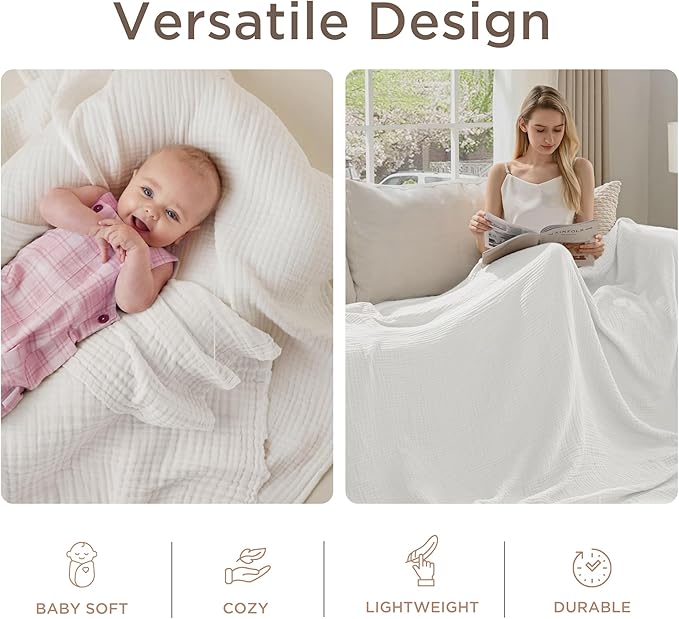 Threadmill Muslin Twin Blanket | Soft, Breathable and Lightweight Summer Blanket | 4-Layer Gauze for Kids and Adults | Twin Size | White