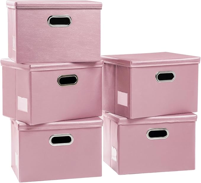 PRANDOM Large Stackable Storage Bins with Lids [5-Pack] Leather Fabric Foldable Storage Boxes Organizer Containers Baskets Cube with Cover for Bedroom Closet Office Nursery Pink (17.7x11.8x11.8)