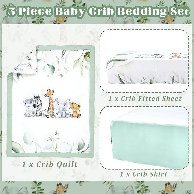 3 Pcs Baby Crib Bedding Set Safari Animals Dinosaurs Bear Woodland Animals Jungle Crib Set Includes Quilt, Fitted Sheet, Skirt for Baby Boy Girl(Light Blue,Safari)