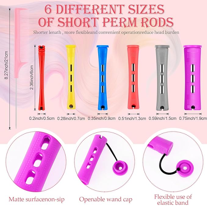 48 Pieces Hair Perm Rods Short Cold Wave Rods Plastic Perming Irons Hair Curling Rollers Curlers with Steel Pintail Comb Rat Tail Comb for Hairdressing Styling Supplies(6 Sizes,6 Colors)