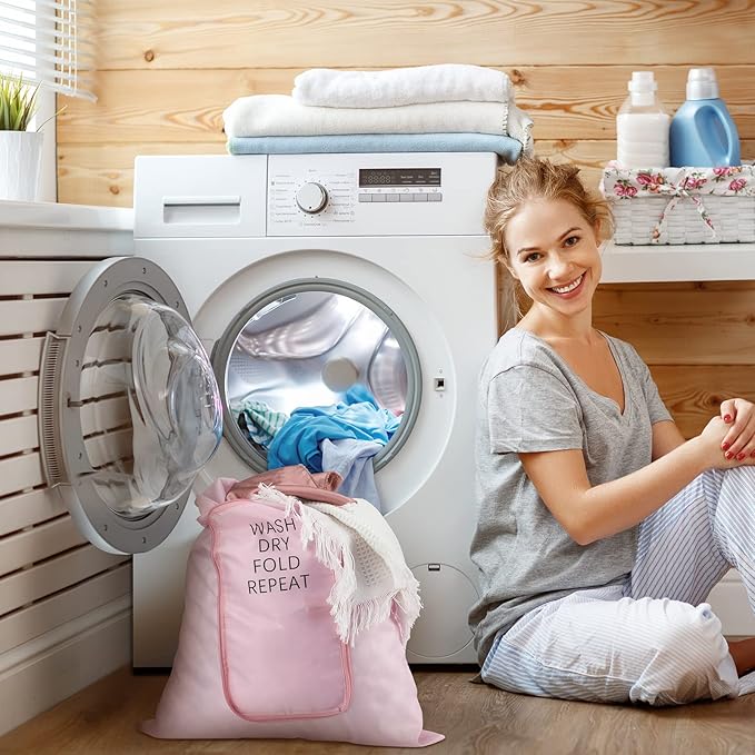 2 Pcs Travel Laundry Bag Washable Dirty Clothes Bag with Drawstring and Zipper for Suitcase, 22 x 18 Inch (Pink,Classic)