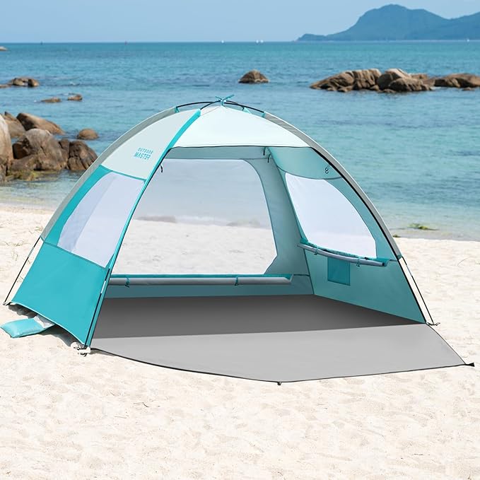 OutdoorMaster Beach Tent for 3/4 Person - Easy Setup Sun Shade Shelter, Portable Beach Shade Sun Canopy with UPF 50+ UV Protection, Removable Skylight Family Size