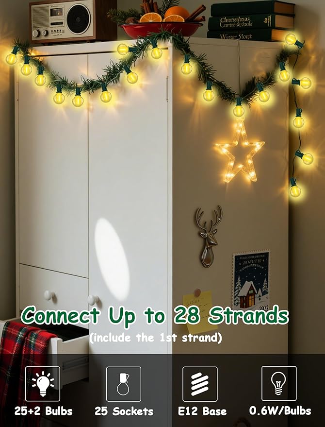 25FT LED Outdoor Christmas String Lights Waterproof, Hanging G40 Globe Patio Lights with 27 LED Shatterproof Warm White Bulbs, Outdoor Christmas Decorations Light for Wedding Party Backyard, Green