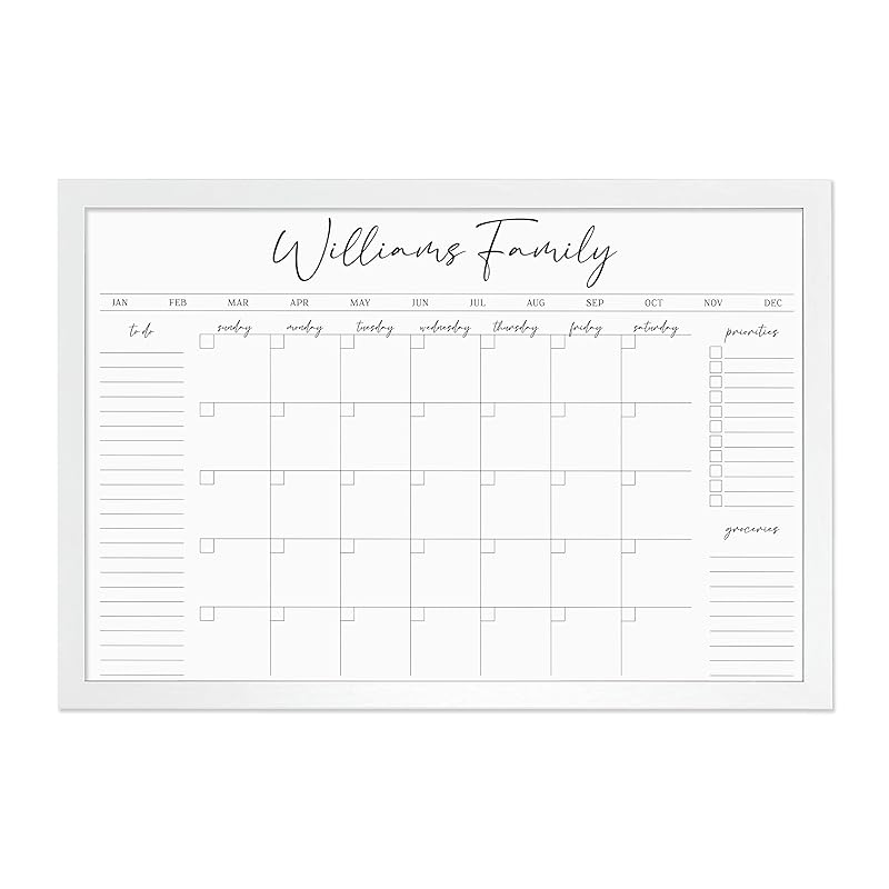 Personalized Dry Erase Wall Calendar with Custom To do list and Notes Organization Sections | Large Whiteboard Calendar (36" W x 24" H, White-Washed Frame)