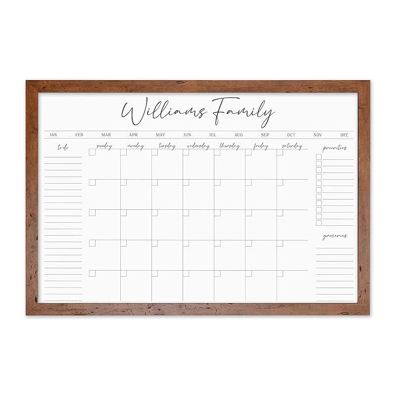 Personalized Dry Erase Wall Calendar with Custom To do list and Notes Organization Sections | Large Whiteboard Calendar (36" W x 24" H, Walnut Frame)