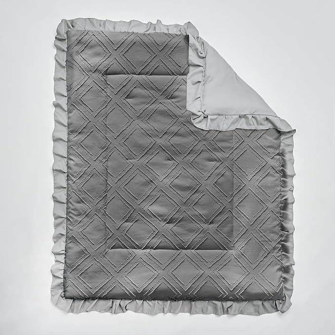 Mini Crib Bedding Set 3 Pieces Baby Boho Quilted Tufted Ruffles Comforter with Fitted Sheet and Ruffled Bed Skirt - Cute Shabby Baby Bedding Fits Mini Crib Only Gray