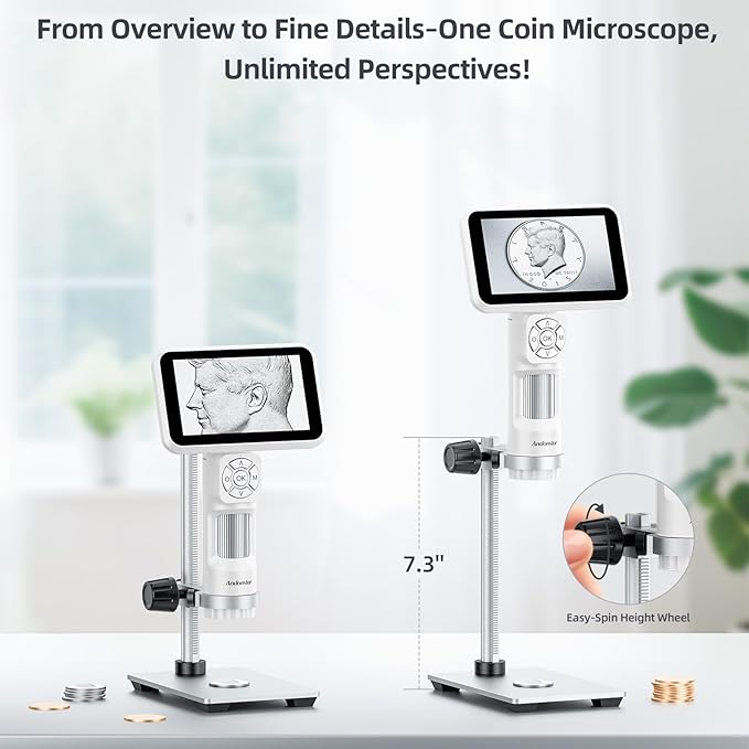 Andonstar Digital Microscope, 5" 1080P Coin Microscope Camera for Error Coin with 7.3" Metal Stand for Adults Kids, Handheld USB Coin Magnifier with 8 Adjustable LED Lights, Windows Mac PC View, AD115