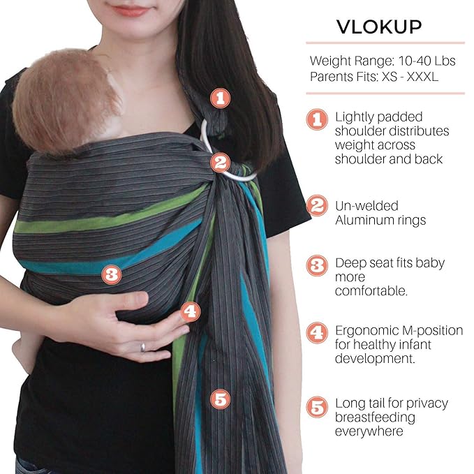 Ring Sling Baby Carrier, Soft Cotton Baby Sling Carrier Newborn to Toddler, Baby Wrap Carrier for Plus Size Parents, Perfect Shower Gift, Gray Wave