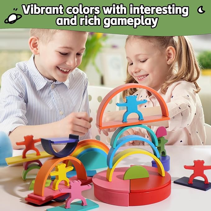 40-Piece Wooden Rainbow Stack Set, 4-in-1 Building Blocks preschoolers Early Development & Activity Toys Montessori Toys for Kids 3, 4, 5, 6 Years and Older Gifts for Boys and Girls