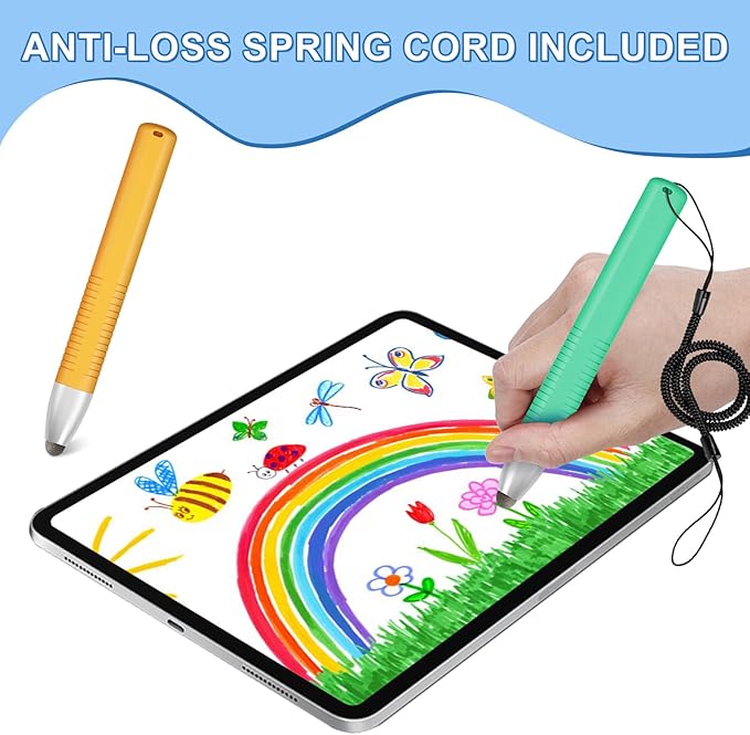 2pcs Kid-Friendly Stylus Pens for Touch Screens, Tablet Stylus Pen with Spring Cord Universal Touch Screen Capacitive Crayon Stylus Green Orange