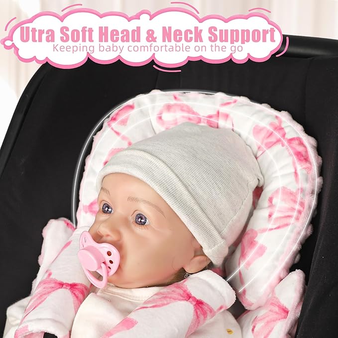 Infant Car Seat Insert, Soft Baby Car Seat Head & Body Support for Girl Boy, Reversible Newborn Preemie Carseat Insert Cushion with 3 Straps Pads, Fits Car Seat, Stroller, Swing, Bouncer, Pink Bow
