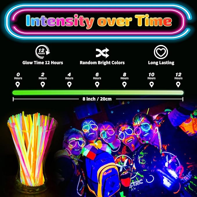 200 Pcs Glow Sticks Bulk Party Pack, 8'' Glow in the Dark Party Supplies, Glow in the Dark Light Up Sticks with Connectors, Party Favors for Birthday, Concert, Raves, Halloween, Christmas
