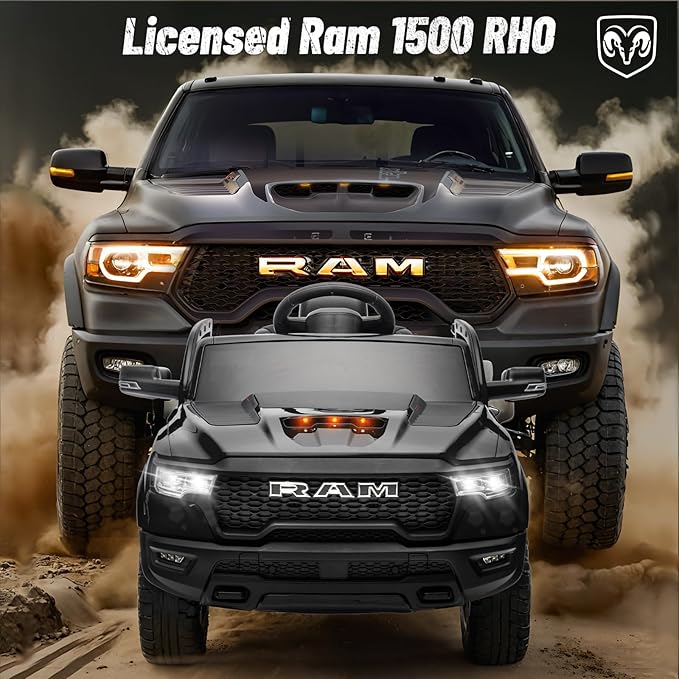 Licensed Ram 1500 Ride on Toys for Kids 4-8, Ride-on Electric Car for Kids with Remote Control, Battery Powered with Car Key/Gear Selector, LED Light/Music/MP3, Back Storage (Black)