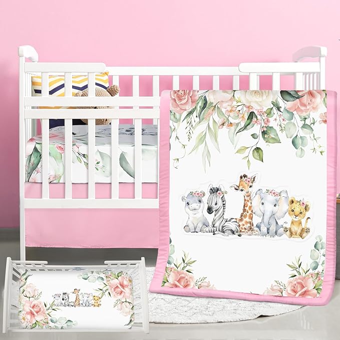 3 Pcs Baby Crib Bedding Set Safari Animals Dinosaurs Bear Woodland Animals Jungle Crib Set Includes Quilt, Fitted Sheet, Skirt for Baby Boy Girl(Pink,Safari)