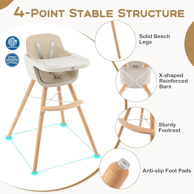 BABY JOY Convertible Baby High Chair, 3 in 1 Wooden Highchair/Booster/Chair with Removable Tray, Adjustable Legs, 5-Point Harness, PU Cushion and Footrest for Baby, Infants, Toddlers (Beige)