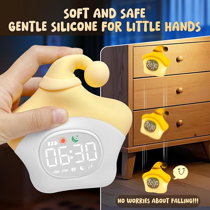 Star Alarm Clock with Night Light for Kids with Sleep Training and Sound Machine, Rechargeable Silicone Lamp OK to Wake Clock，Cute Animal Tabletop Lamp, Perfect Sleep Companion for Boys Girls, Yellow