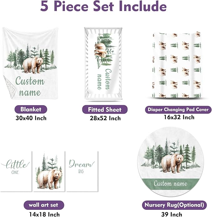 Personalized Baby Crib Bedding Set, 5-Piece Brown Bear Design Baby Crib Sets with Custom Name, Toddler Double Layer Blanket Fitted Sheets Changing Pad Cover Rug Wall Art Set, Charming Nursery Decor