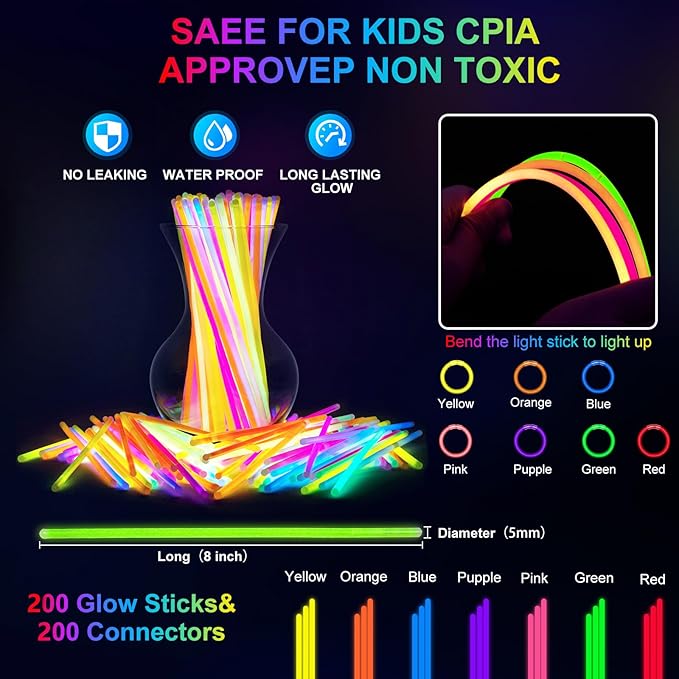 282 PCS Glow in the Dark Party Supplies, 18 Foam Sticks, 18 LED Glasses, 200 Glow Sticks, 30 Finger Lights, 8 Bunny Ear Headband and 8 LED Cat Ear Headband for Wedding,Birthday,Concert,New Year
