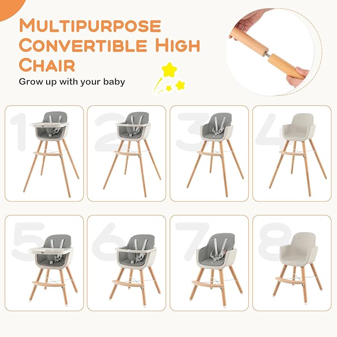 BABY JOY Convertible Baby High Chair, 3 in 1 Wooden Highchair/Booster/Chair with Removable Tray, Adjustable Legs, 5-Point Harness, PU Cushion and Footrest for Baby, Infants, Toddlers (Gray)