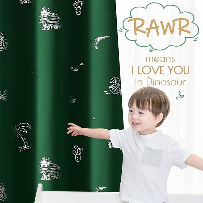 Vangao Kids Curtains Green Blackout Dinosaur Curtains for Boys Kids Nursery Girls Room Silver Dino Foil Print Thermal Insulated Drapes Grommet Top Window Treatments 84 Inches Length 2 Panels