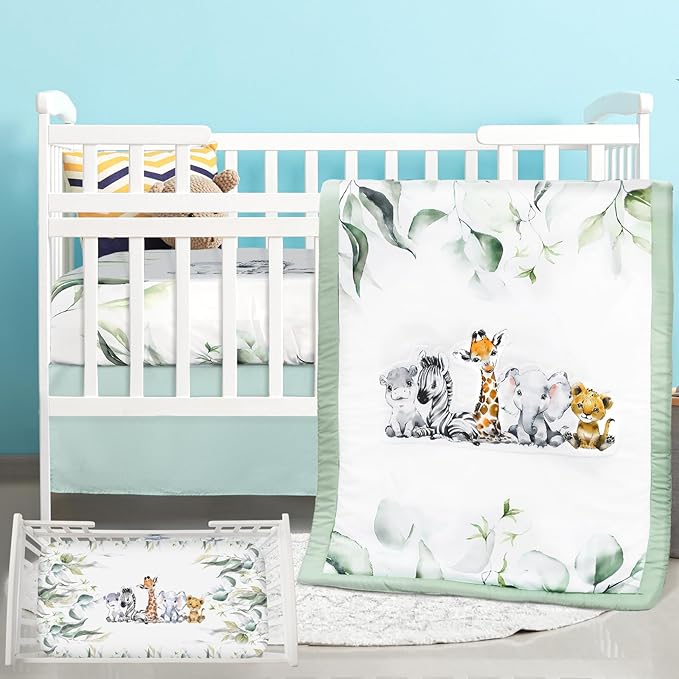 3 Pcs Baby Crib Bedding Set Safari Animals Dinosaurs Bear Woodland Animals Jungle Crib Set Includes Quilt, Fitted Sheet, Skirt for Baby Boy Girl(Light Blue,Safari)