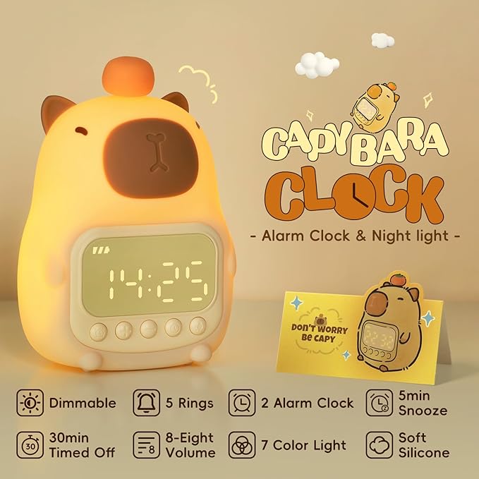 Capybara Alarm Clock with Night Light for Kids, 7 RGB Color Cute Alarm Clocks for Bedrooms Ok to Wake Clocks, Silicone Animal Tabletop Lamp for Teen Girls Boys