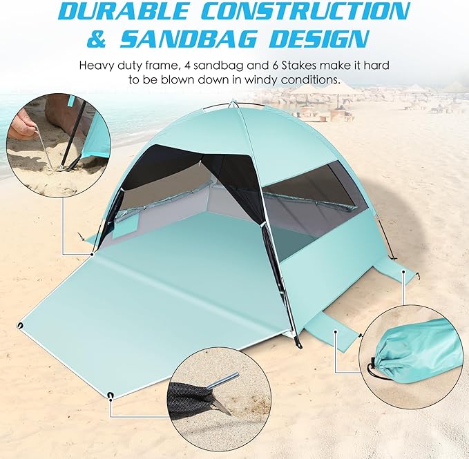 Large Easy Setup Beach Tent,Anti-UV Beach Shade Beach Canopy Tent Sun Shade with Extended Floor & 3 Mesh Roll Up Windows Fits 3-4 Person,Portable Shade Tent for Outdoor Camping Fishing (Mint Green)