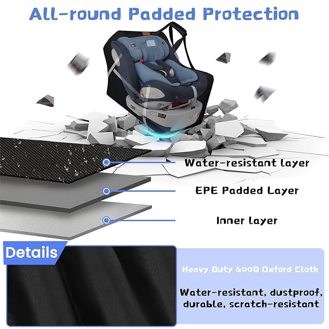 Infant Car Seat Travel Bag for Airplane Compatible with All Nuna Pipa Car Seat and Base,Chicco KeyFit 30 and Base, Padded Car Seat Bags for Air Travel,Car Seat Gate Check Bag with Side Pocket, Black