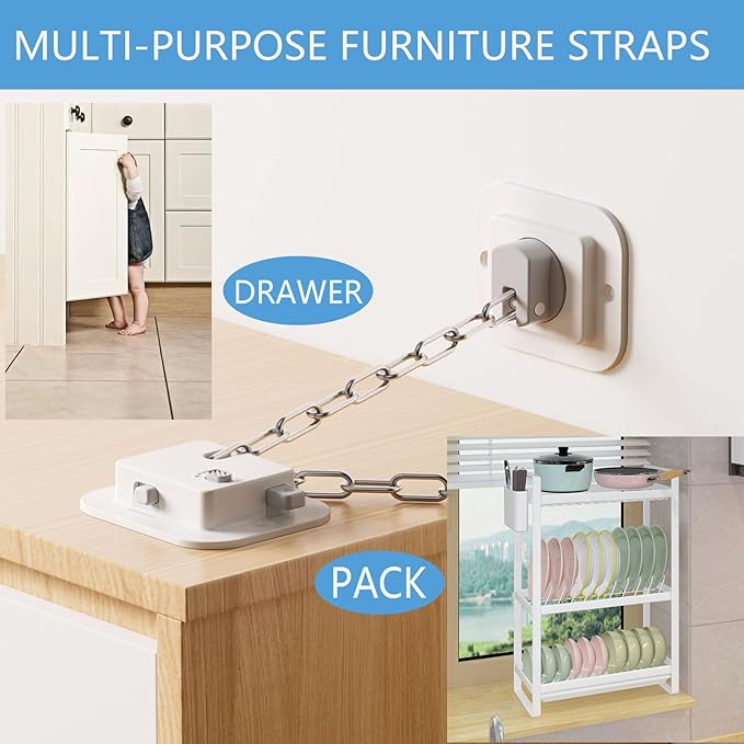 YEYA Anti-Tip No Drill Furniture Anchor with 3M Adhesive 10" Adjustable Straps, Baby Proofing Wall Anchors for Child Safety, Playroom Essentials 2P